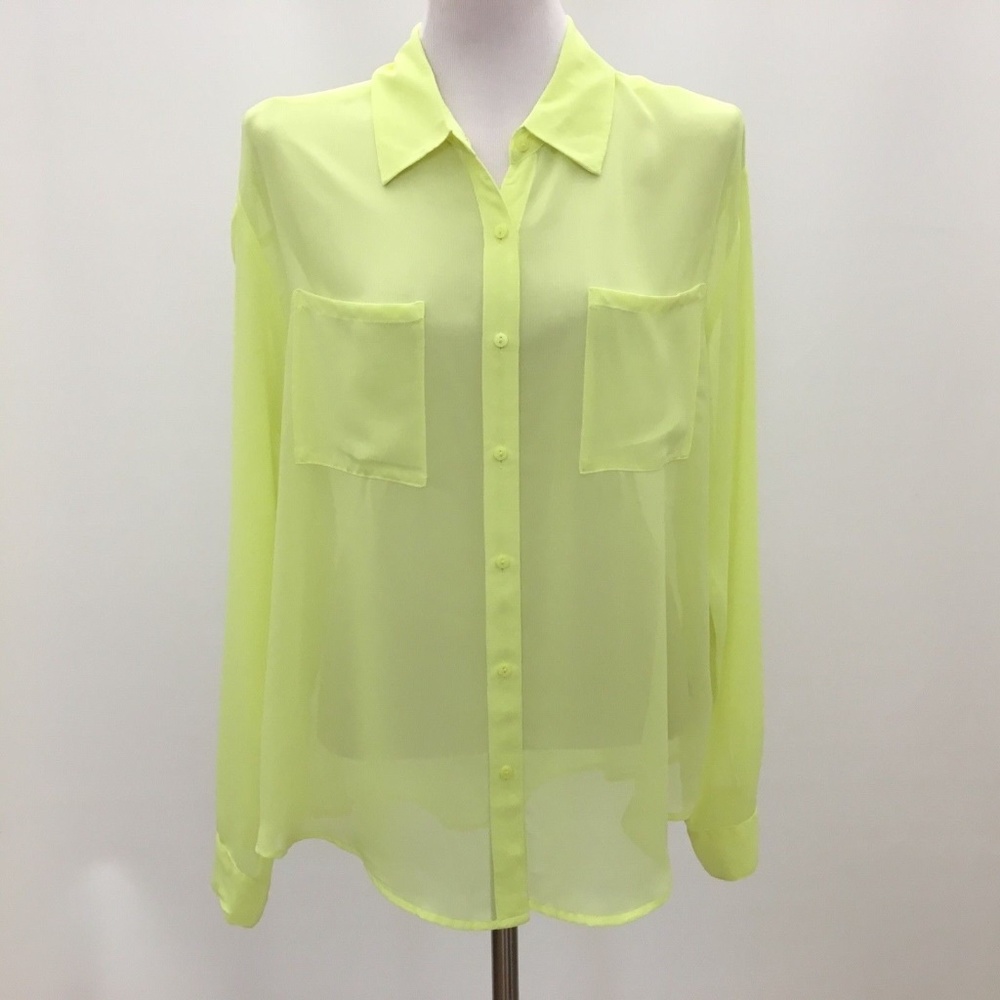 Decree Neon Yellow Sheer Button Down Long Sleeve